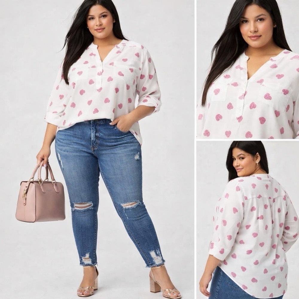 Torrid Harper Challis Blouse 3X 22/24 Hatch Hearts Cloud Dancer Roll Tab Top - Picture 2 of 14